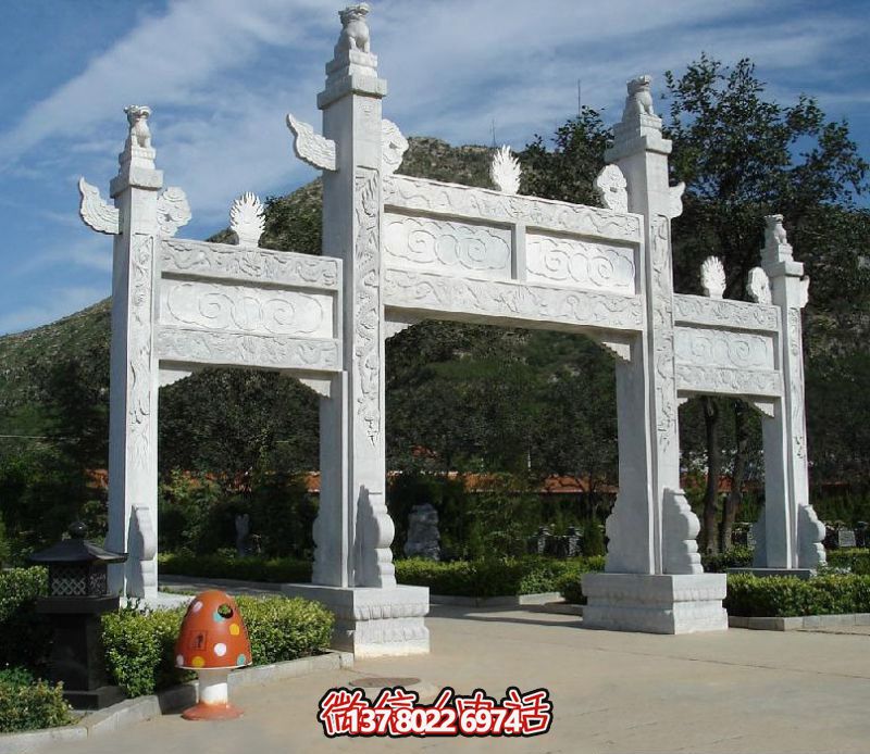 精致園林景觀，漢白玉華表浮雕祥云門樓石牌坊