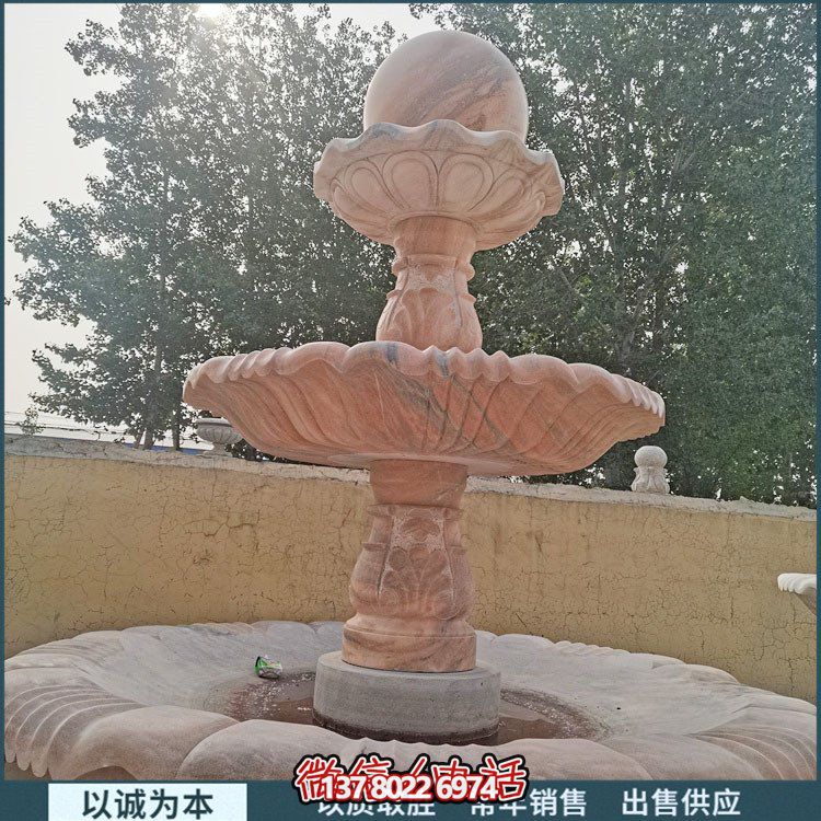 紅大理石石雕園林噴泉，展現絢爛晚霞