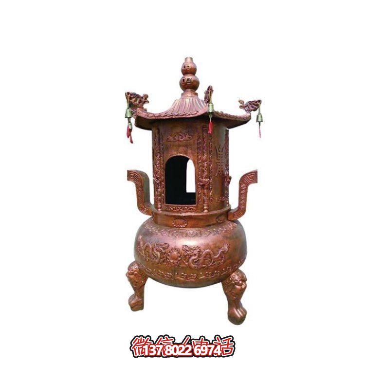 純銅香爐四柱舍利塔，裝飾寺院舍利