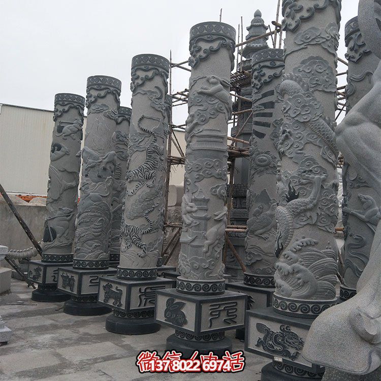 精美石雕十二生肖浮雕，傳承文化，點綴廣場柱子