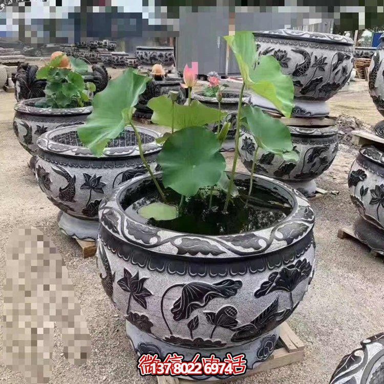 經典荷花石雕浮雕圓形水缸，裝點您的庭院