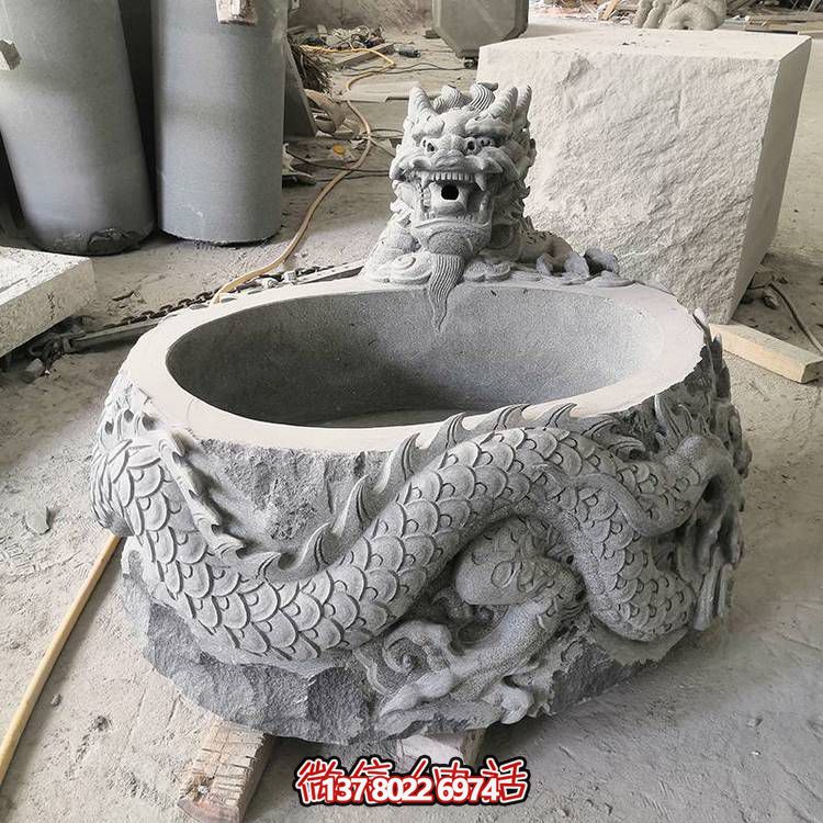 仿古石缸水缸青石龍形浮雕雕塑，為您的庭院增添一抹古樸