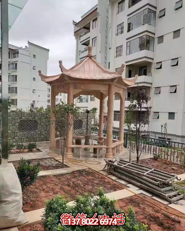 晚霞色石雕大理石涼亭，點(diǎn)綴園林美景