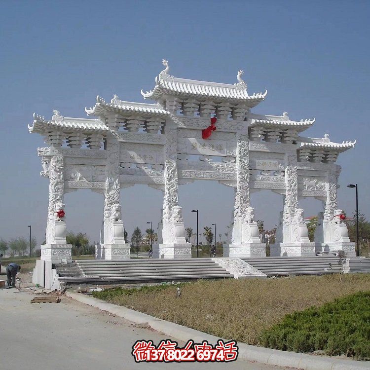 漢白玉優(yōu)質(zhì)天然石材浮雕龍紋五門(mén)牌坊石雕