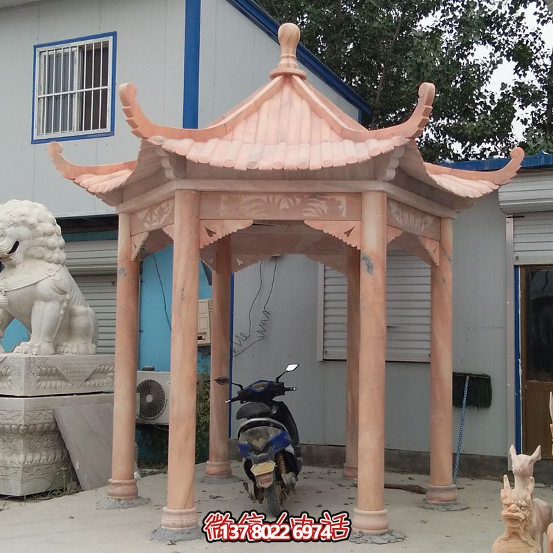 花園草坪擺放大理石晚霞紅六角仿古建涼亭 花園草坪擺放大理石晚霞紅六角仿古建涼亭