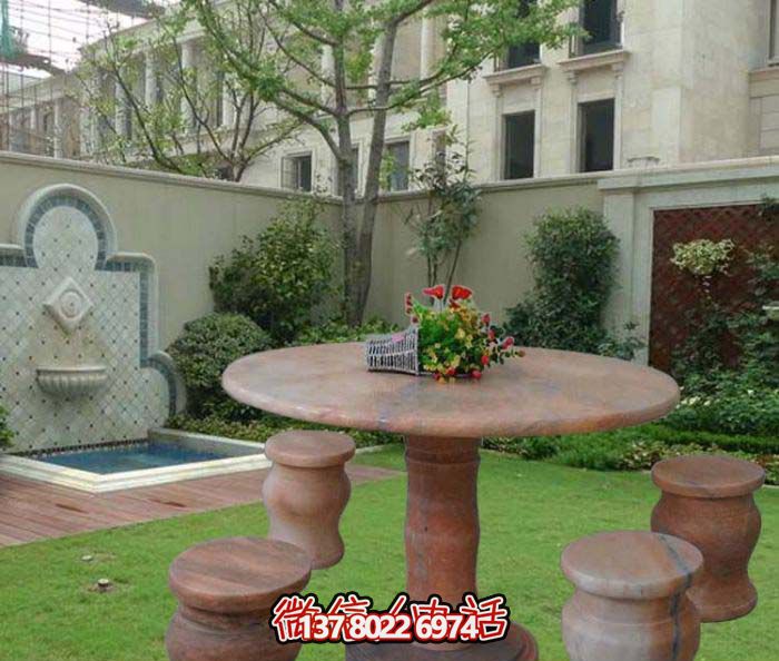 別墅擺放晚霞紅大理石圓形簡約桌椅雕塑 別墅擺放晚霞紅大理石圓形簡約桌椅雕塑